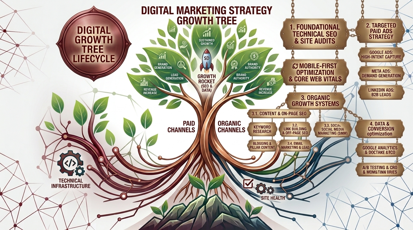 The Pit Lane Cafe Technical SEO and Digital Growth Tree Lifecycle Infographic"