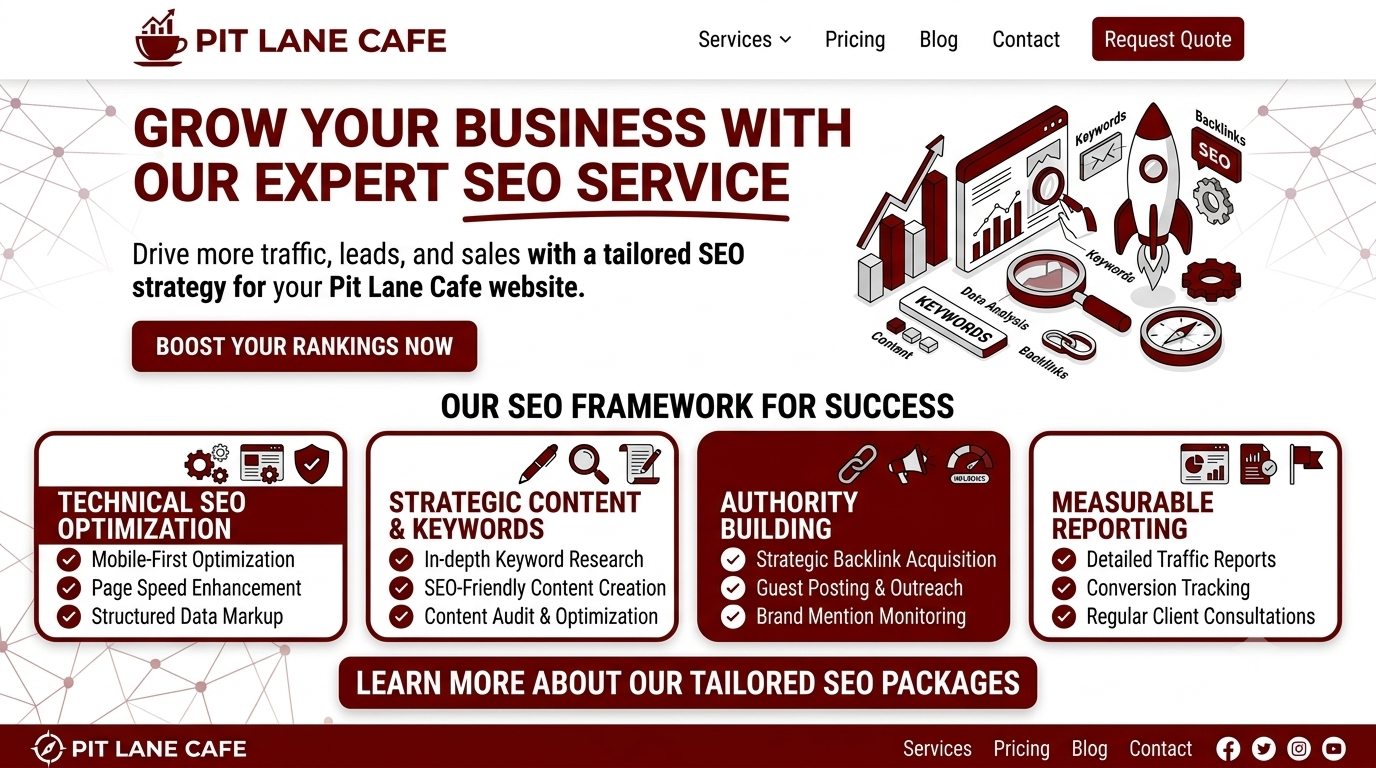 Infographic web banner for Pit Lane Cafe SEO services in a maroon and white color scheme, titled "Grow Your Business with Our Expert SEO Service," featuring a 4-pillar SEO framework: Technical SEO, Strategic Content, Authority Building, and Measurable Reporting.